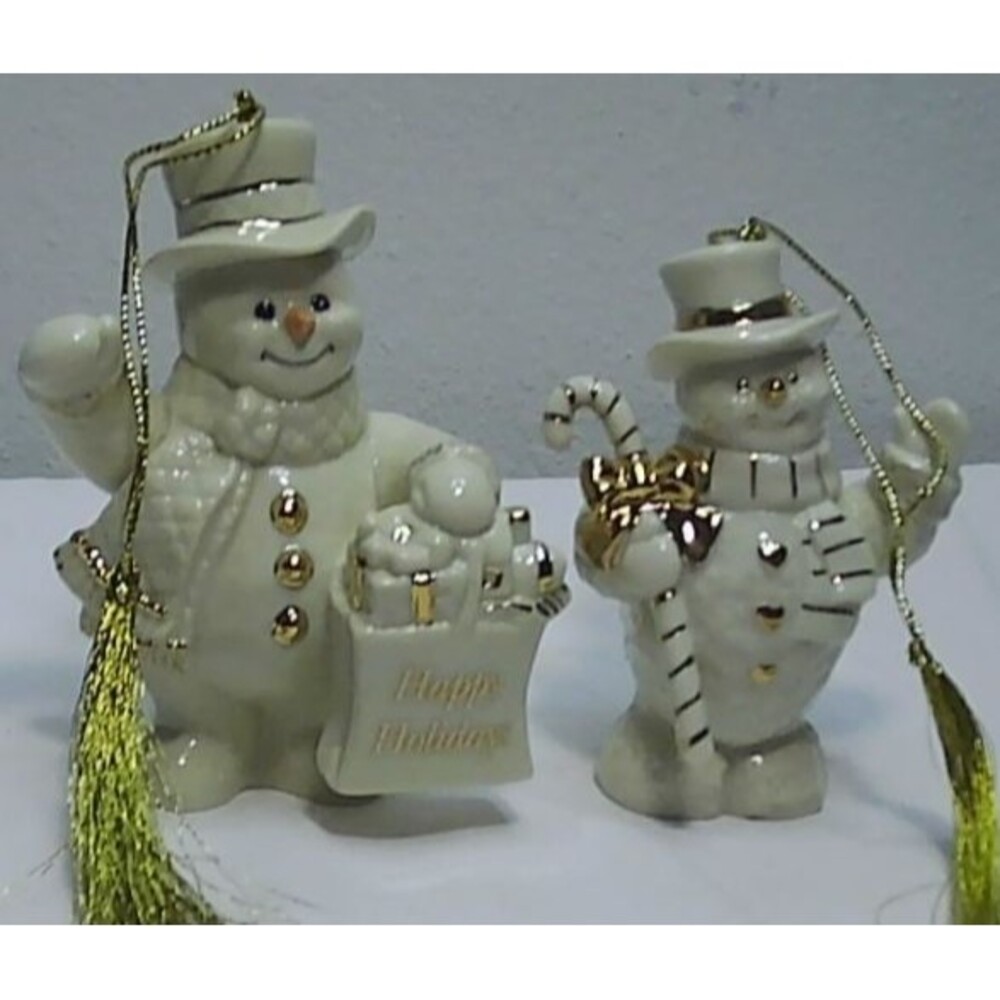 Pair of Vtg Lenox Ivory China Snowman Christmas Ornaments Gold Accents 3.75-4.25